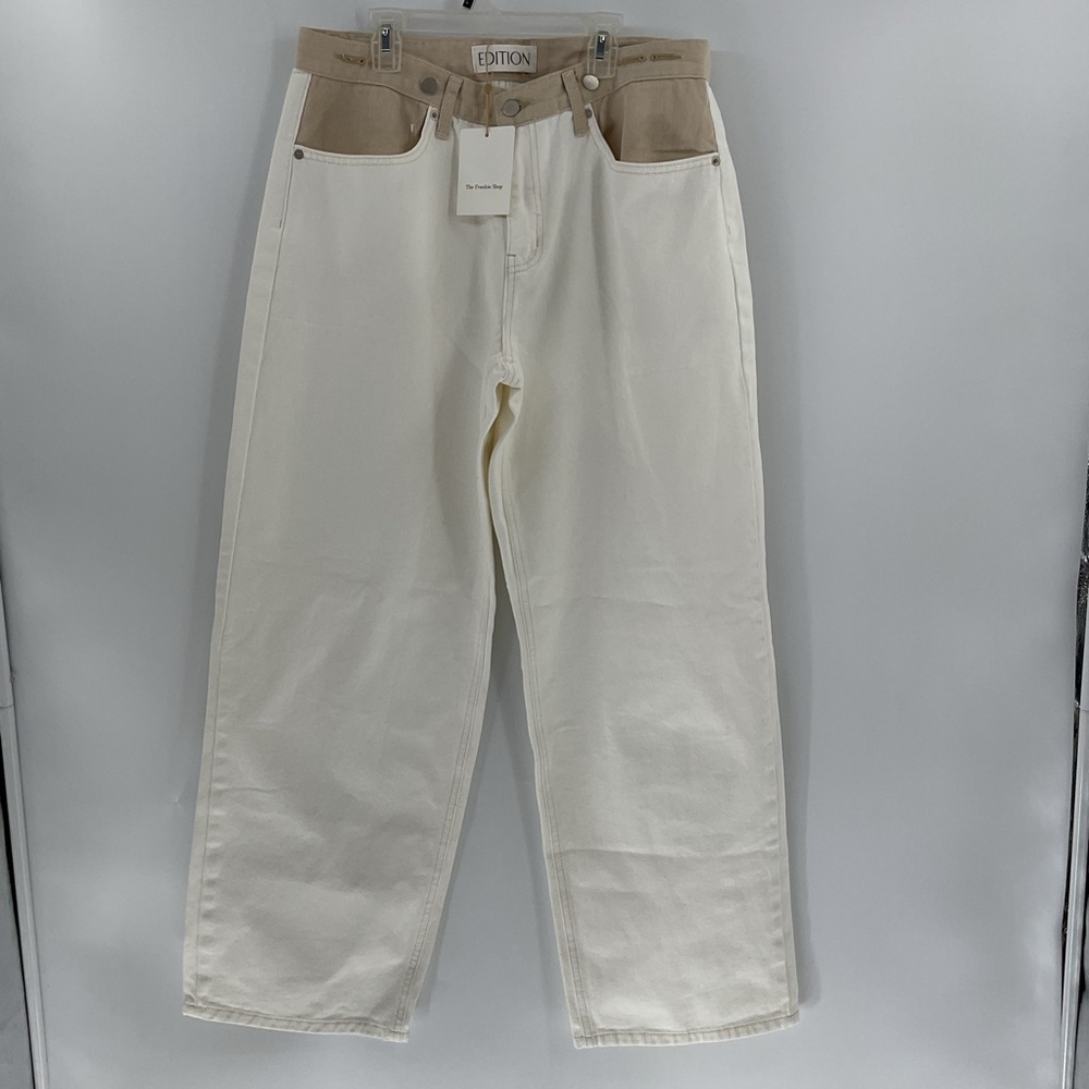 The Frankie Shop Two-Tone High-Rise Flare Jeans in Cream and Tan
